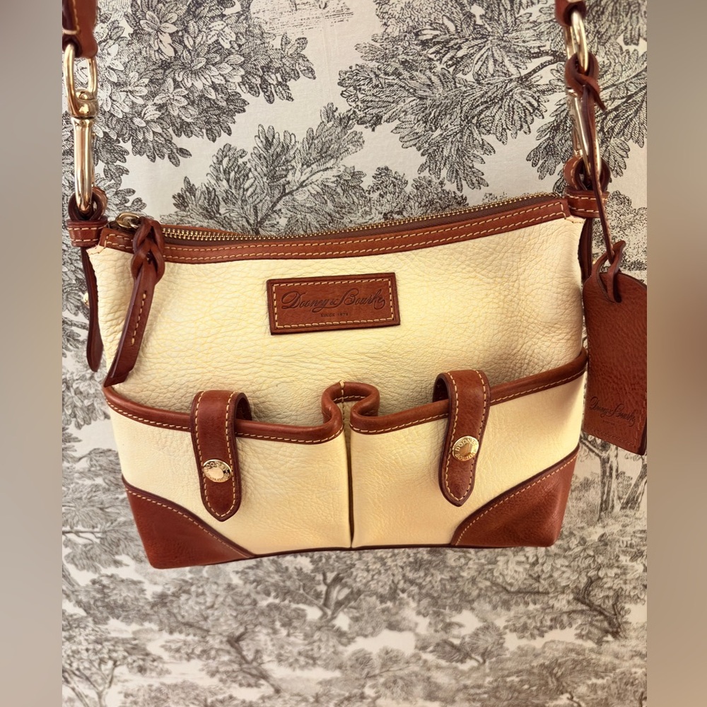 Dooney & Bourke Florentine Vacchetta Leather Double Pocket Bag Purse Bone Brown